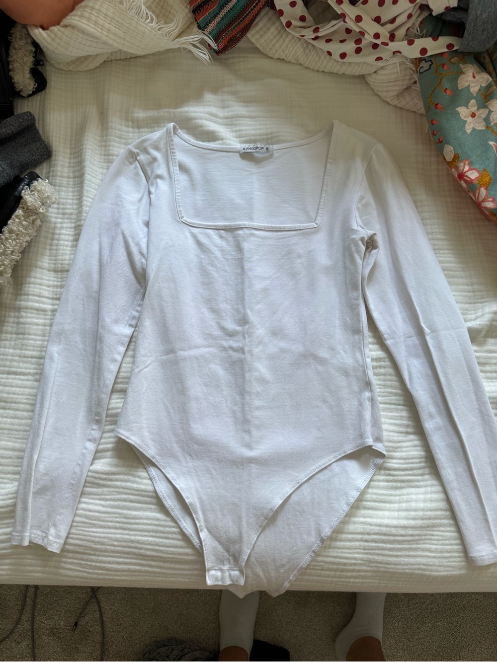 Mangopop White Long-Sleeve Square-Neck Bodysuit